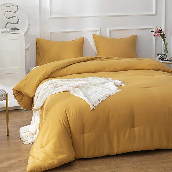 Pureant Mustard Comforter Set Queen Dark Yellow Bedding Comforter Sets Women Girls Soft Turmetric Queen Size Comforter Sets Solid Ginger Yellow Blanket Durable