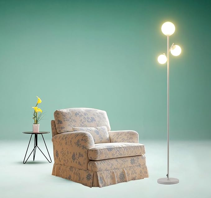 Fiqevs White Mid Century Floor Lamp, Modern 3 Globe Standing Lamp with 3 LED Bulbs & Arcing Frosted Glass Shades, Boho Rustic Tall Tree Lamp for Living Room, Bedroom & Office
