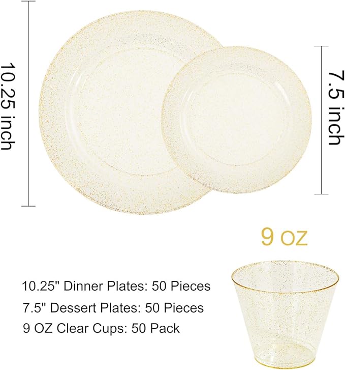 DaYammi 350 Pieces Gold Glitter Dinnerware Set 50 Guest for Party- 50 Dinner Plates, 50 Dessert Plates -50 Per Rolled Napkins with Gold Cutlery - 50 Disposable Cups 9 OZ