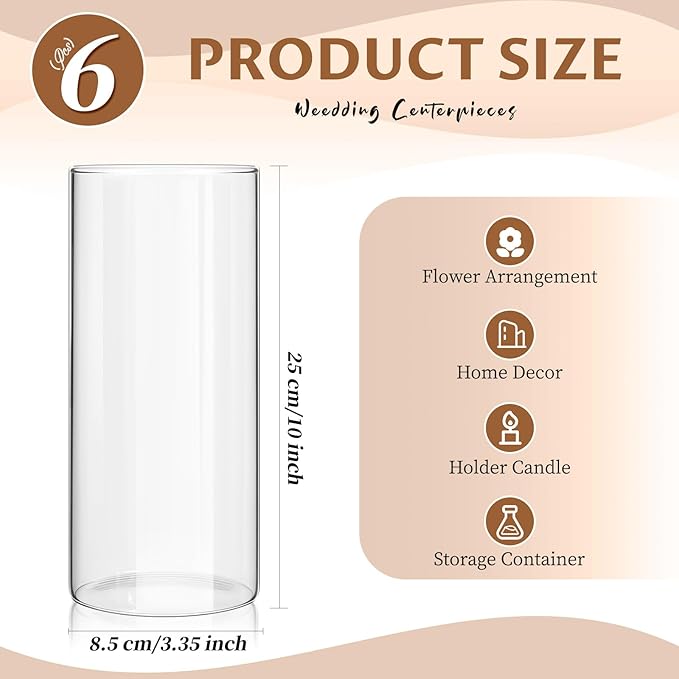 6 Pack Glass Cylinder Vases 10 Inch Tall Clear Flower Vase Bulk Glass Vases Hurricane Floating Candle Holder for Table Centerpiece Party Wedding Home Decor