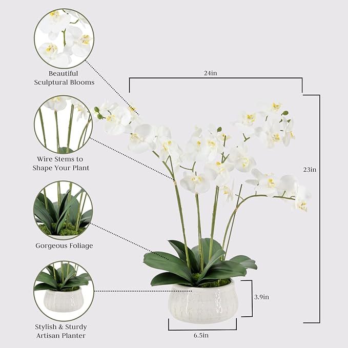 Faux White Orchid Plant, Premium Artificial Indoor Flower Display Stands 23”, Beautiful Sculptural Blooms That Lasts Forever, White Planter Pot Included