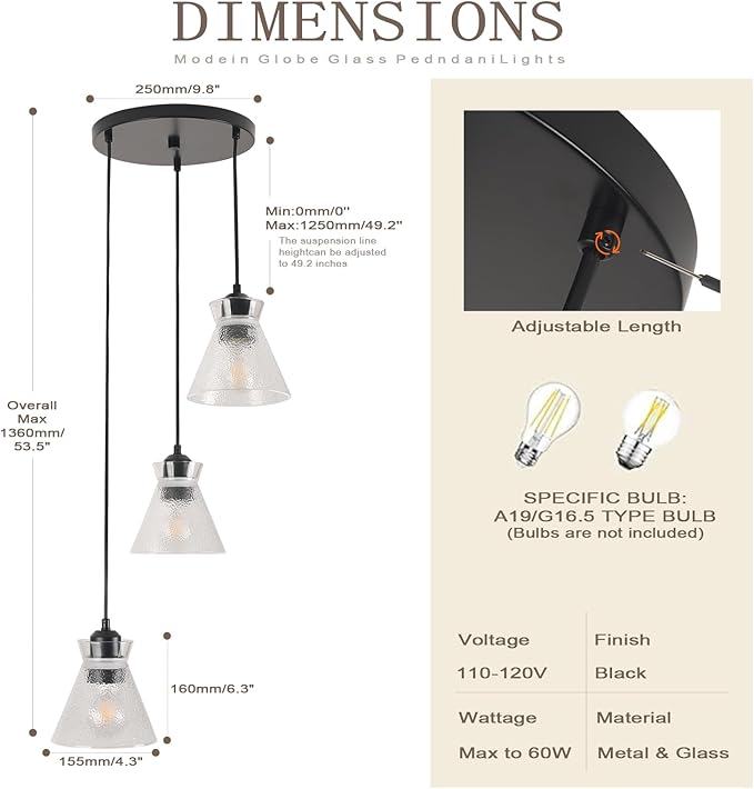 Industrial Farmhouse Hanging Pendant Lighting for Kitchen Island Black Brushed Glass Pendant Light Linear Chandelier Farmhouse Hanging Light Fixtures