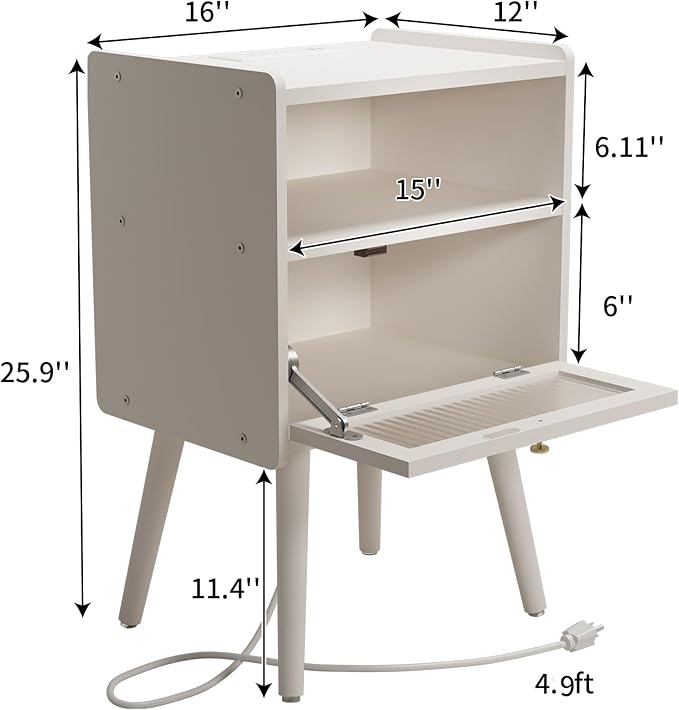 Mid Century Modern Nightstand with Charging Station, Bedside Tables with Glass Decorative Door, End Table Side Table with 2 Tiers Storage Space, for Bedroom, Living Room, White
