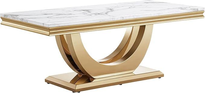 Modern Marble Coffee Table with Stainless Steel Pedestal, 47" Luxury Gold Coffee Tables for Living Room, Unique Faux Marble Cocktail Table Rectangle Funky Coffee Center Table for Living Room