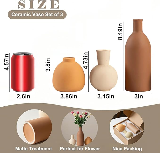 Modern Ceramic Vase Set of 3, Decorative Flower Vases for Home, Multicolor Pottery Vases for Living Room, Kitchen, Bedroom, Shelf, Rustic Farmhouse (Brown Mix)