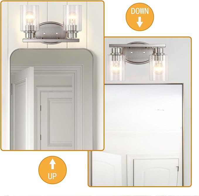 Bathroom Vanity Light Fixtures Over Mirror, Seeded Glass Bathroom Vanity Light, 2 Light Brushed Nickel Bathroom Light Fixtures with Clear Glass, Modern Rustproof Vanity Light Wall Mount