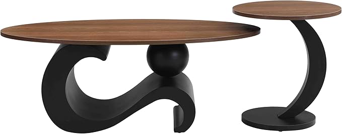 Marble Nesting Coffee Table Set of 2,Modern Oval Center Tea Table and Round Side Nightstand Set w/Wood Tabletop and Metal Frame for Living Room Accent Furniture