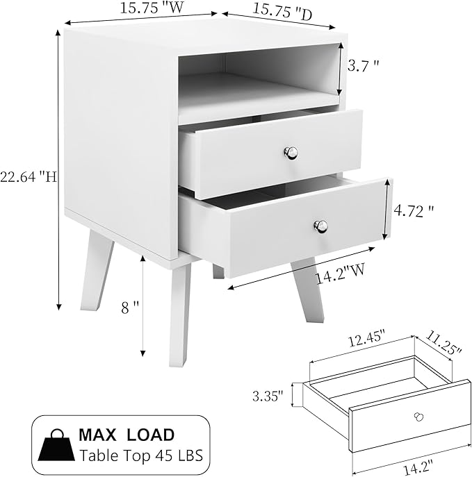 White Nightstand with 2 Drawers and Open Shelf Wooden Bed Side Table Storage Night Stand for Bedroom, Living Room