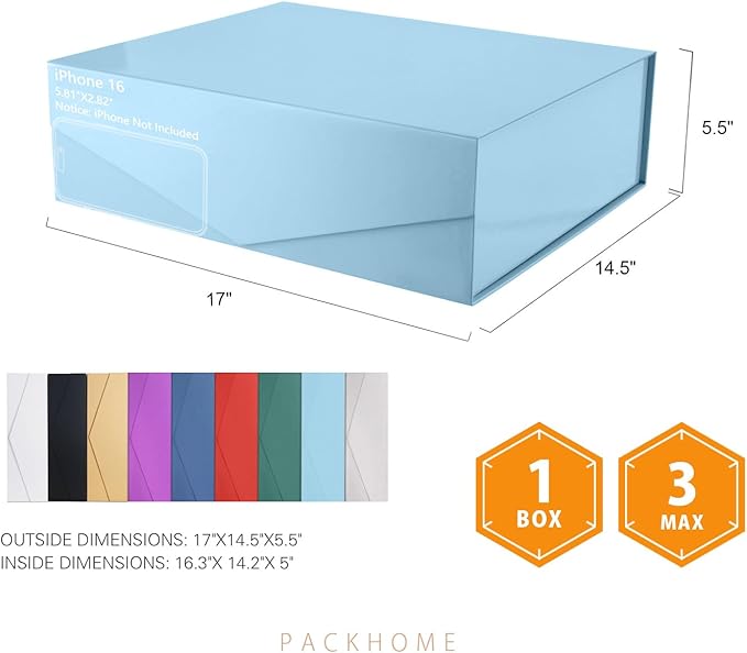 PACKHOME 17x14.5x5.5 Inches, 3 Extra Large Gift Boxes with Lids, Magnetic Closure Boxes for Clothes and Large Gifts (Glossy Light Blue)