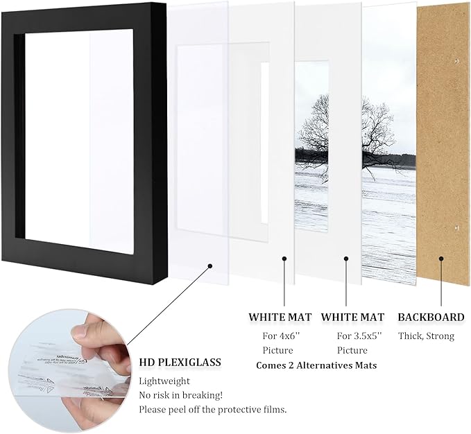 Egofine 5x7 Picture Frames 6 PCS - Made of Solid Wood Covered by Plexiglass Matted for 4x6 and 3.5x5 for Table Top Display and Wall Mounting photo frame Black