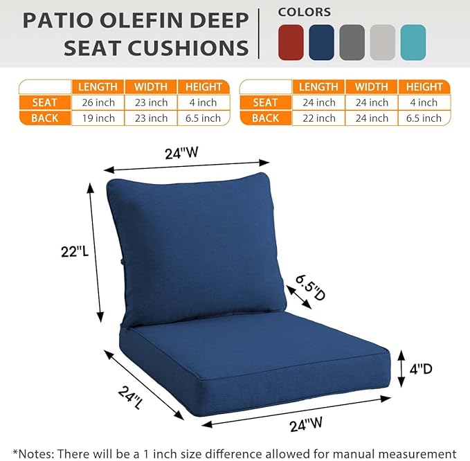 Sundale Outdoor Olefin Deep Seat Cushion Set of 2, Patio Chair Cushion and Pillow, Water-Resistant Sectional Sofa Pad with Straps Dark Blue, 24 x 24 x 4 Inches