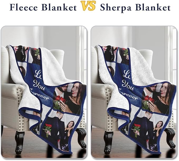 Sherpa Fleece Custom Photo Blanket - Soft, Warm, Fuzzy - Personalized Couples Gifts for Boyfriend, Girlfriend - Customized Picture Blanket for Birthday, Christmas