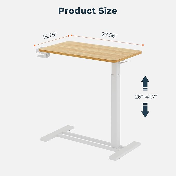 Medical Overbed Adjustable Bedside Table with Hidden Casters, Pneumatic Mobile Rolling Laptop Standing Desk with Tray for Home and Hospital Use, Maple