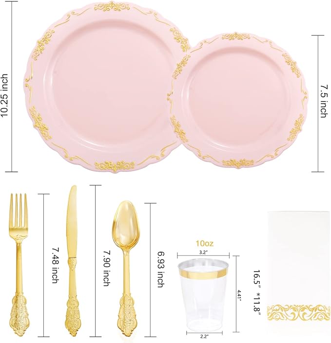 Supernal 210 Pink and Gold Plastic Plates ＆ Plastic Silverware,Elegant Party Cups,Dessert/Salad Plate with Gold Rim, disposable paper Napkins,Suit for Bridal Shower, Wedding,Birthday