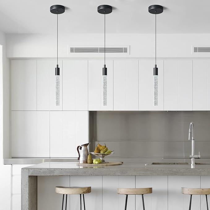 Modern Kitchen Island Pendant Light Dimmable LED Black Finish Mini Crystal Pendant Lighting Bedroom Bedside Table Small Pendant Lights（3-Pack）