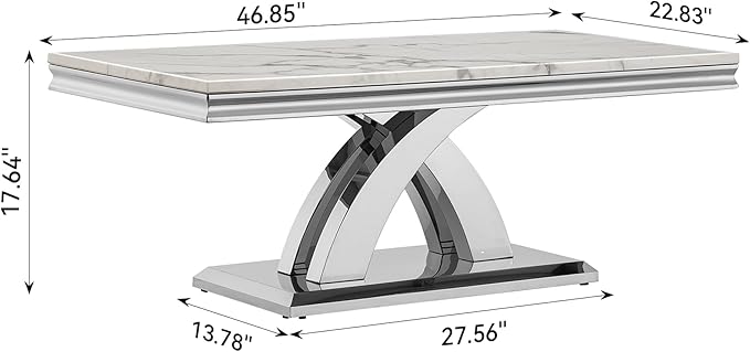 SSLine Rectangular Faux Marble Coffee Table for Living Room Modern Luxury White Marble Center Table with Silver Pedestal Base 46.8" Mid-Century Cocktail Table with Mirrored Stainless Steel Frame