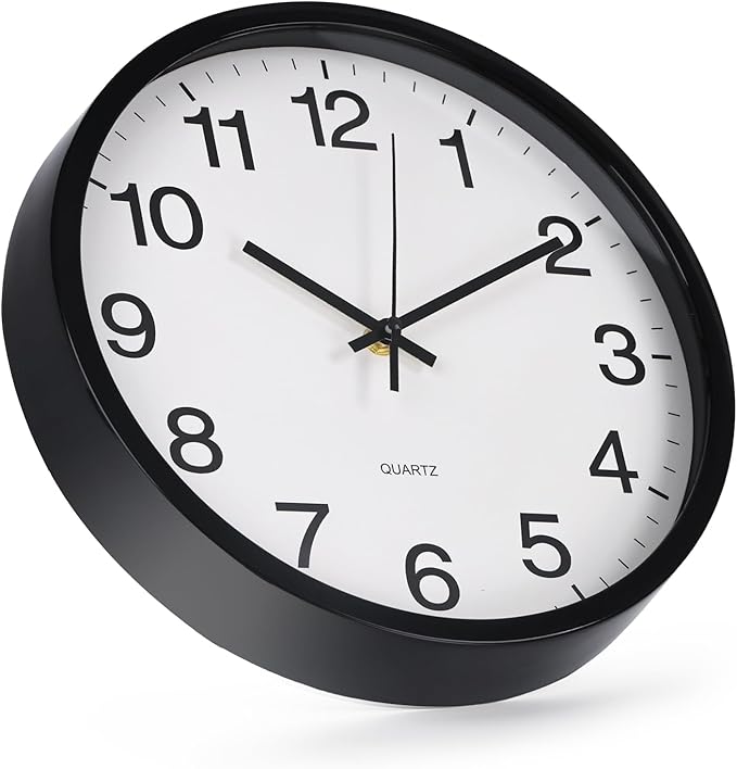 Wall Clock Non-Ticking Silent Quartz Movement Decor Clock Modern Simple Style Round Plastic Wall Clocks for Home/Office/School/Living Room/Bedroom/Kitchen (Black, 12 Inch)