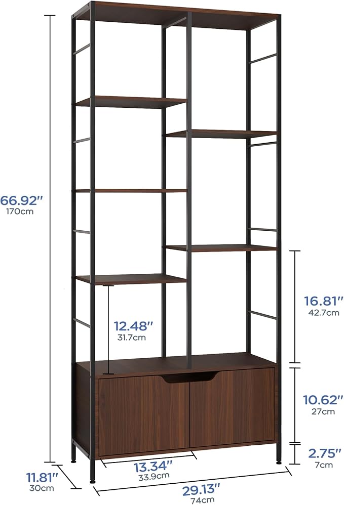 Bookshelf with Doors, 6-Tier Shelf with Storage Cabinet, 67" Tall Open Bookcase for Display, Industrial Retro Bookcase, Freestanding Storage Organizer Bookshelf for Living Room, Brown