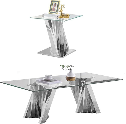 Glass 2 Piece Living Room Table Sets,2-Piece Table Set Includes Glass Coffee Table and End Tables with Stainless Steel Frame,Modern Coffee Table Set of 2 for Living Room