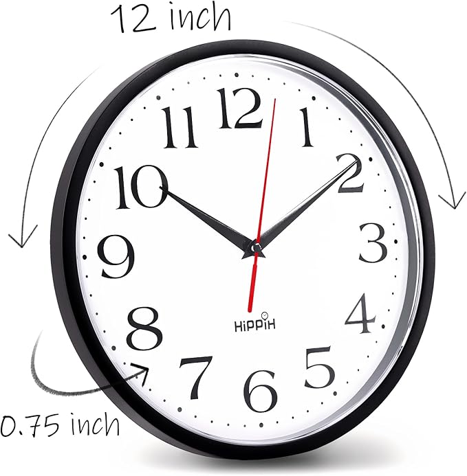 HIPPIH 2 Pack Silent Wall Clock, 12 Inch Non Ticking Quiet Digital Sweep Decorative Battery Operated Wall Clocks for Living Room Bedroom Kitchen School Office Decor, Black