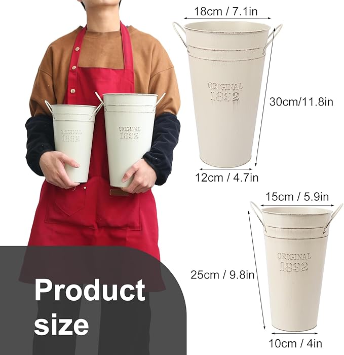 6 Packs 12 Inch & 10 Inch Galvanized Metal Flower Vases with Handles, Rustic French Metal Flower Buckets for Cut Flowers, Country Wedding, Table Centerpiece Decorations(Milky White)