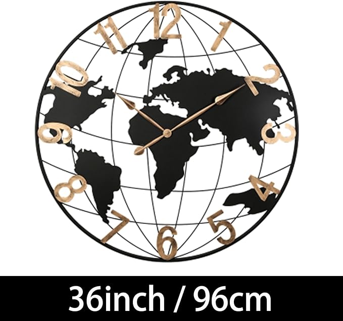 36 Inch Oversized World Map Wall Clock,Large Retro Silent Non-Ticking Battery Operated Clock for Living Room, Bedroom, Office, Kitchen, Black Arabic Numerals