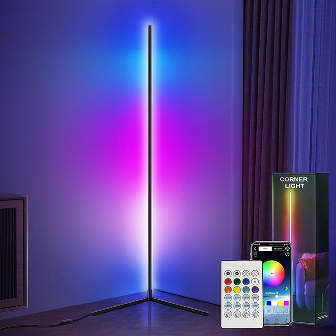 Corner Floor Lamp, Smart Adiust RGB LED Lights with 20Million Colors & 800+ Modes, Music Sync, Timer Setting.Bluetooth App & Remote Control - ldeal for Living RoomsBedrooms, and Gaming Rooms