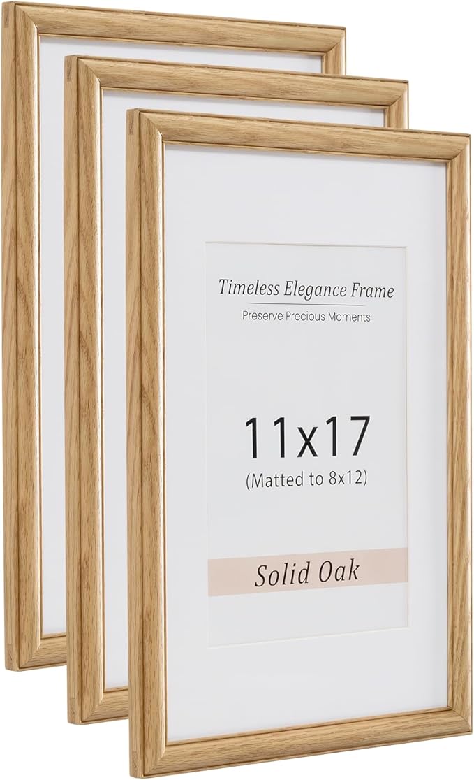11x17 Picture Frame, Natural Solid Wooden Picture Frames with Tempered Glass, Display 8x12 with Mat or 11 x 17 Without, Vertical or Horizontal Wall Hanging Photo Frame, Natural Oak Color, 3 Pack
