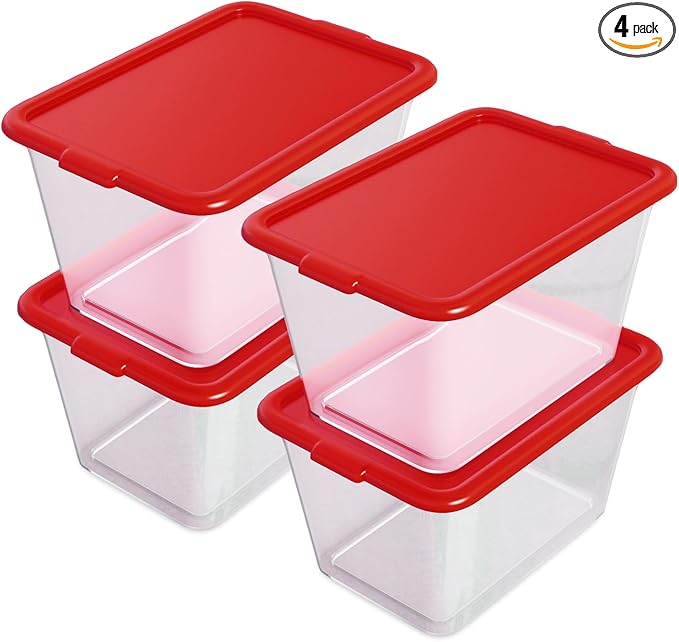 Storage Totes with Lids - Made in USA 14.5-Gallon (58-Quart) 4-Pack storage bins with lids plastic storage containers large storage boxes for Organizer Red/Clear