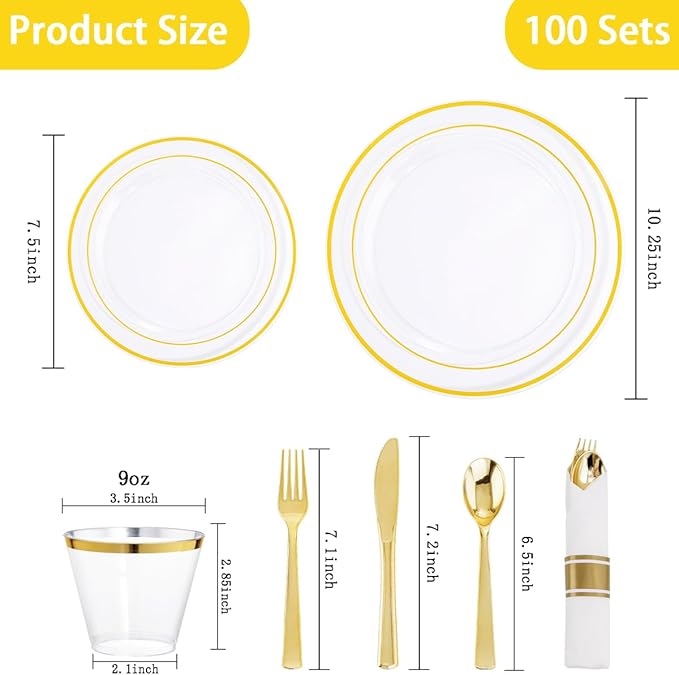 DaYammi 350PCS Clear Gold Plastic Dinnerware Set for 50 Guests, Fancy Disposable Plates for Party, Include: 50 Dinner Plates, 50 Dessert Plates, 50 Pre Rolled Napkins with Gold Silverware, 50 Cups
