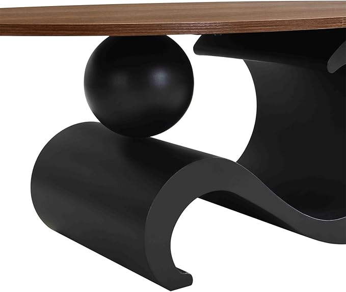 2 Piece Living Room Set, Modern Nest Coffee Table Set of 2, Wooden Brown Tabletop Oval Coffee and End Table Set with Black Metal Geometric Base
