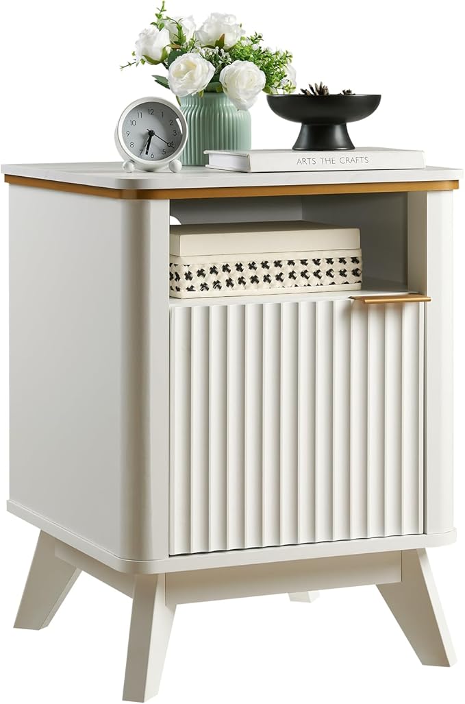 QUW Fluted Nightstand with Charging Station, Bedside Table with Open Storage and Cabinet, 18" Modern Side Table, End Table for Bedroom, Living Room, White