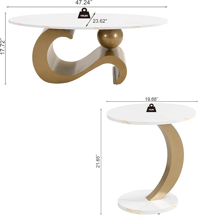 Marble Nesting Coffee Table Set of 2,Modern Oval Center Tea Table and Round Side Nightstand Set w/Faux Marble Top and Metal Frame for Living Room Accent Furniture (Gold)