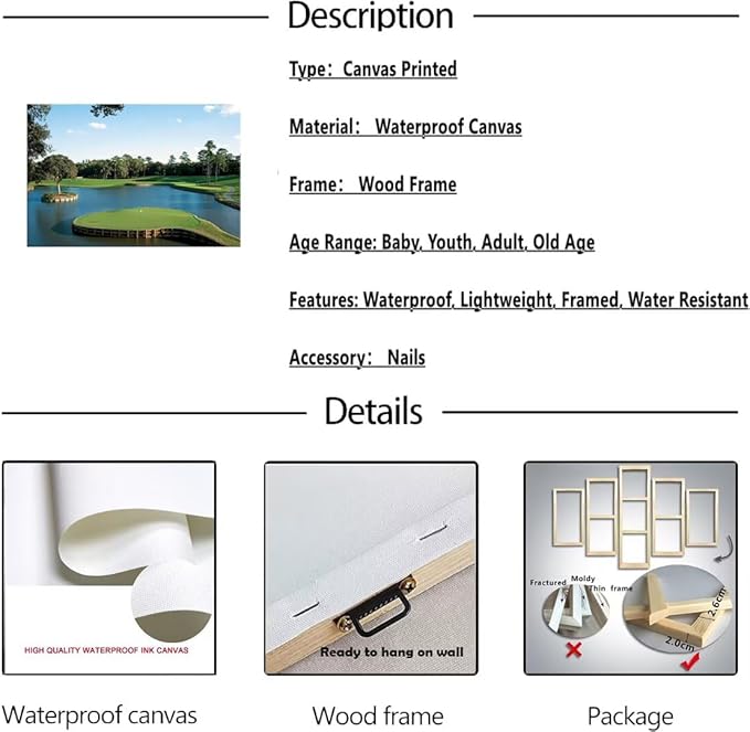 chenchenArt USA Golf Course Wall Art TPC Sawgrass Golf Course Pictures Canvas Prints Golf Wall Decor for Living Room Bedroom Bathroom Home Decorations Framed Ready to Hang(12''H x 16''W)