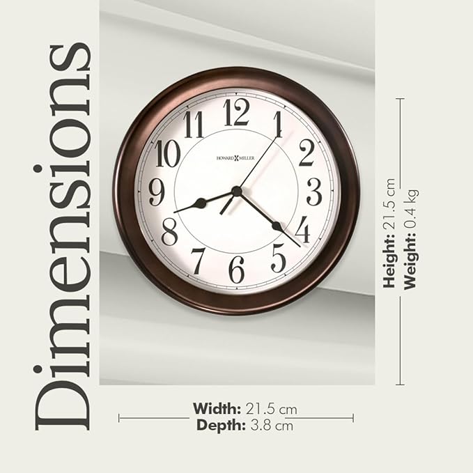 Howard Miller Virgo Wall Clock - Round Analog Clock, Battery Operated with Quartz Movement, Sturdy Metal Frame, Modern Display, Easy-to-Read Numerals - Ideal for Kitchen, Bedroom, & Living Room Decor