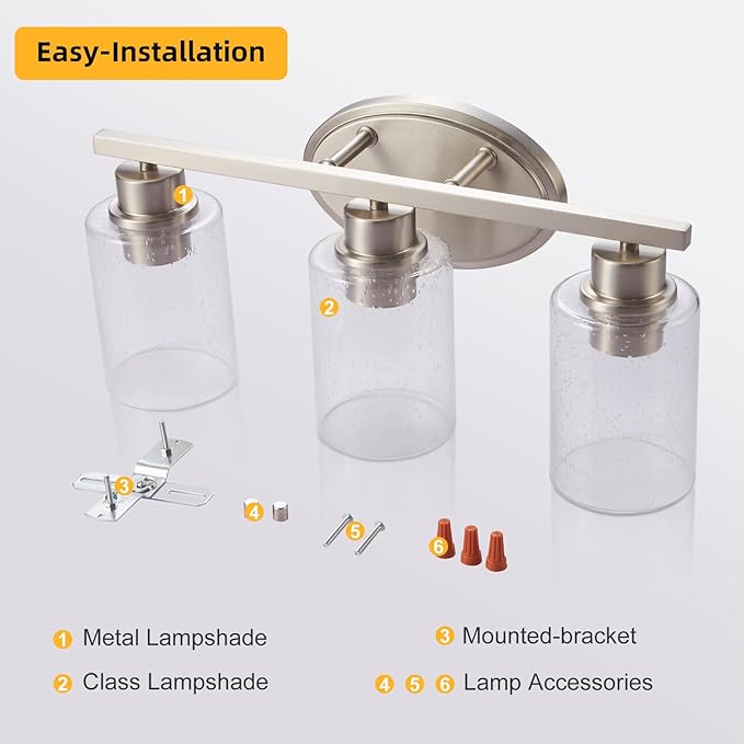 Bathroom Vanity Light Fixtures Over Mirror, Seeded Glass Bathroom Vanity Light, 3 Light Brushed Nickel Bathroom Light Fixtures with Clear Glass, Modern Rustproof Vanity Light Wall Mount