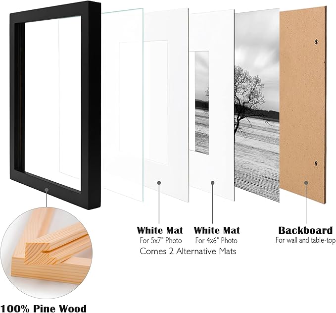 Egofine 8x10 Picture Frames Set of 6, Made of Solid Wood Covered by Plexiglass Display 4x6 and 5x7 with Mat or 8x10' without Mat, for Table Top Display and Wall Mounting Photo Frame Black
