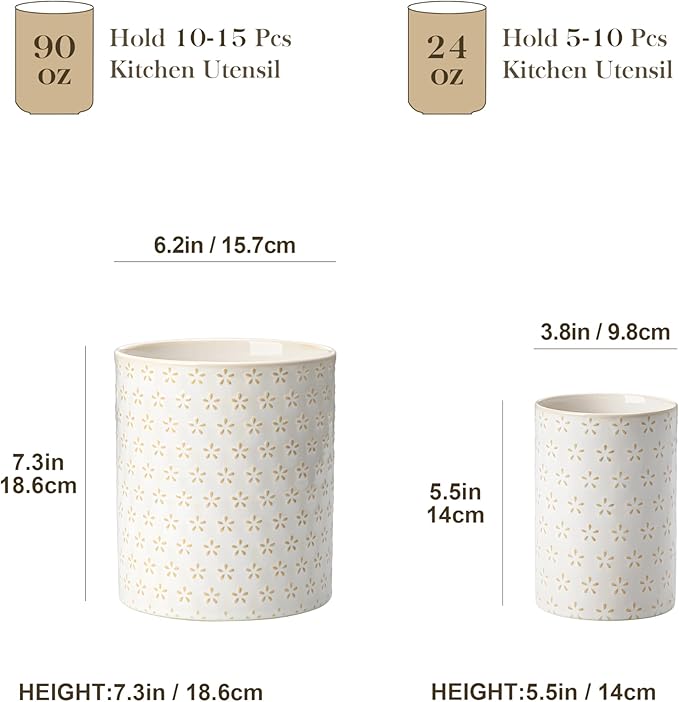 MALACASA LYDIA Ceramic Utensil Holders, 7.3"+5.5" Kitchen Utensil Crock Set for Countertop, Large & Small Utensil Organizers for Cooking Tools, Five-Leaf Grass Pattern