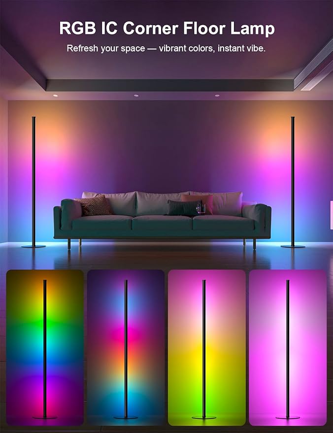 RGB IC Corner Floor Lamp, Upgraded LED Corner Lamp APP and Remote Control, 16 Million Colors and Warm White, Music Sync, Timing Function, Color Changing Ambient Light for Living Room Bedroom Gaming