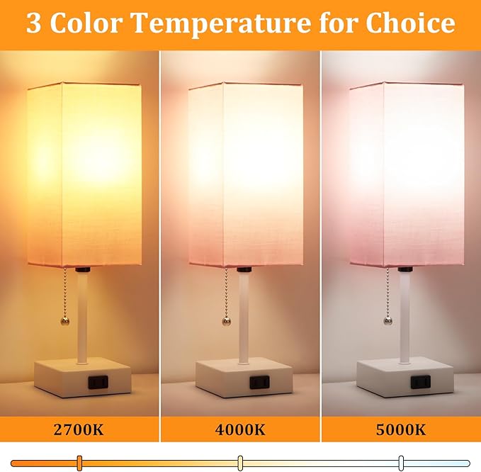 Table Lamp for Bedroom set of 2,3-Color Bedside Lamps with Pull Chain Table Lamps for Nightstand with AC Outlets,Small Night Light Lamps with 2 Bulbs Lamps for Living Room Kids Room Office Decor（Pink）