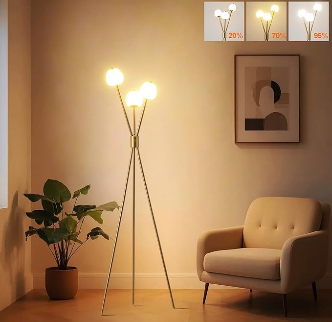 Fiqevs Dimmable Tripod 3 Globe Floor Lamp for Living Room, Mid Modern Gold Floor Lamp with Elegant Frosted Ball Shade and Warm Light LED Bulbs, Standing Tall Lamp for Bedroom, Office - Antique Brass