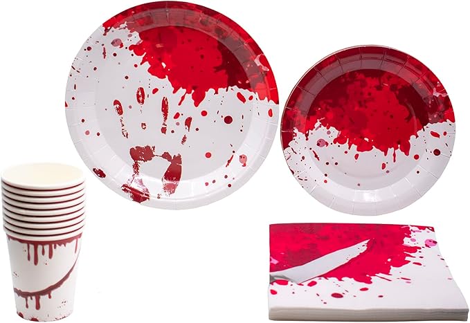 Bloody Halloween Tableware Pack: Disposable Paper Plates, Napkins and Cups Set for 20