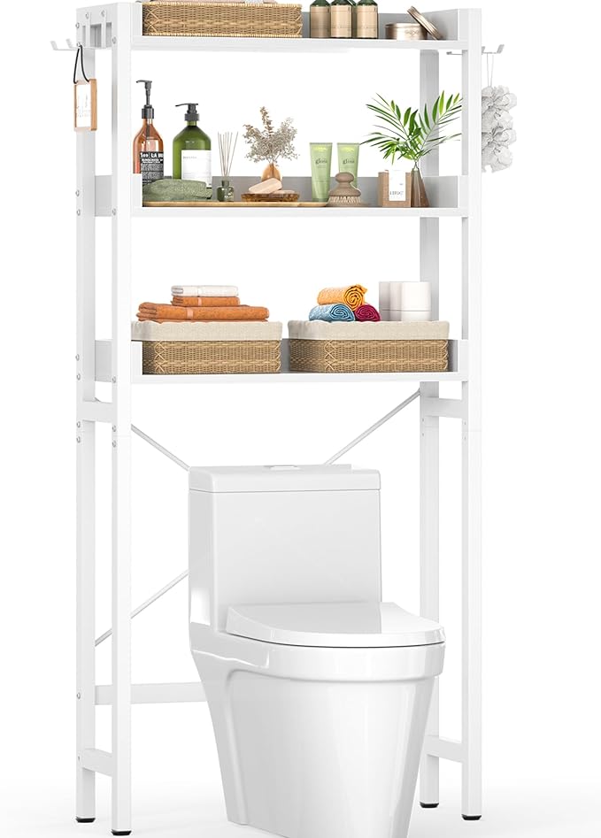 Ecoprsio Over-The-Toilet Storage Rack, 3-Tier Bathroom Organizer Shelf Over Toilet, Freestanding Space Saver Toilet Stands with 4 Hooks, White