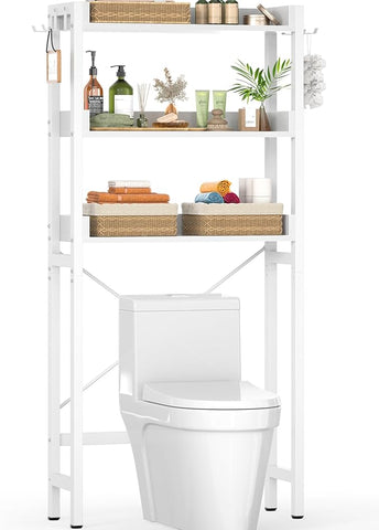 Ecoprsio Over-The-Toilet Storage Rack, 3-Tier Bathroom Organizer Shelf Over Toilet, Freestanding Space Saver Toilet Stands with 4 Hooks, White