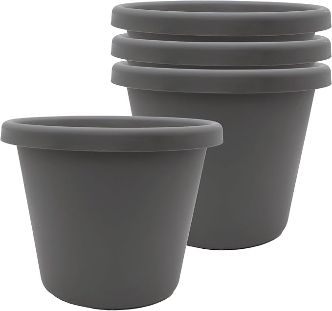 The HC Companies Classic Round Plastic Plant Pot w/Rolled Rim - Lightweight & UV Resistant Flower Pot for Herbs & More - Outdoor & Indoor Plant Pots w/Drainage (8.5 inch Warm Gray, Pack of 4)