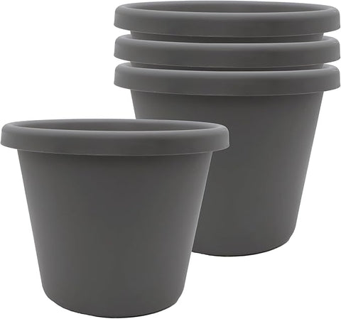 The HC Companies Classic Round Plastic Plant Pot w/Rolled Rim - Lightweight & UV Resistant Flower Pot for Herbs & More - Outdoor & Indoor Plant Pots w/Drainage (8.5 inch Warm Gray, Pack of 4)
