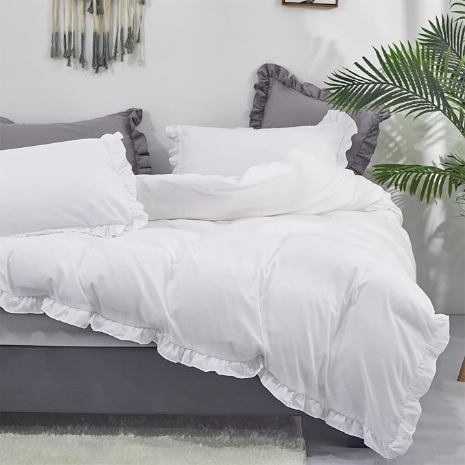 Luxlovery White Comforter Set Queen White Ruffle Bedding Comforter Set Queen Shabby Chic Blanket Quilts Vintage Rustic Bedding Set with Ruffles Women Girls