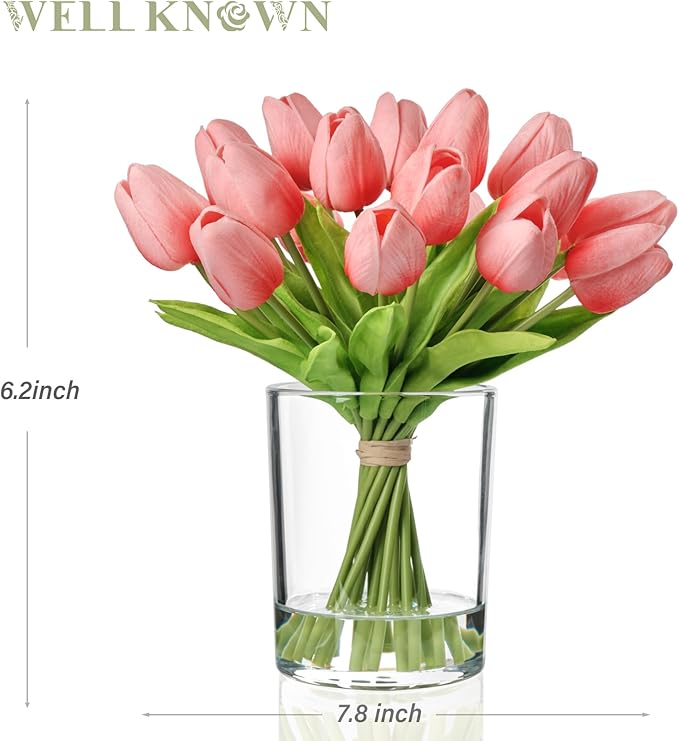 WELL KNOWN 20 Pcs Tulips Artificial Flowers in Vase, Real Touch Tulips with Vase with Upgrate Acrylic Water Flower Arrangements Centerpiece for Dining Room Table Decoration