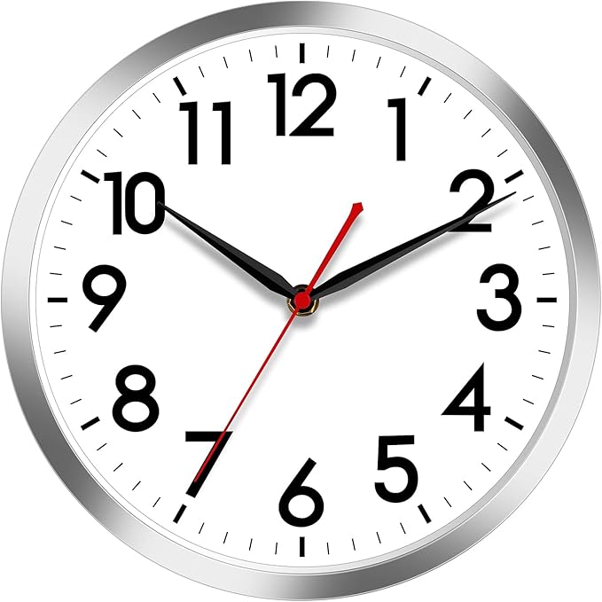 AKCISOT Wall Clock 14 Inch Large Silent Wall Clocks Battery Operated, Silver Modern Non-Ticking Clock Decorative for Living Room,Kitchen,Bathroom,Bedroom,Office,Home,Classroom,School