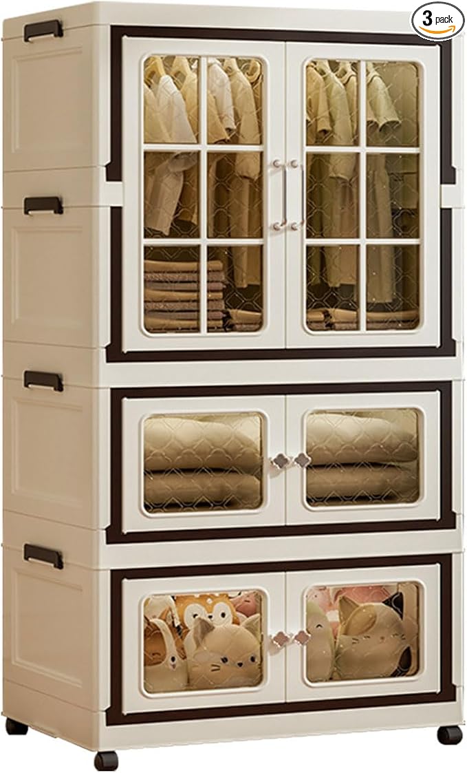 SunSettler Stackable Storage Bins with Lids, Stackable Organizers Storage Cabinets, Plastic Collapsible Bins with Doors, Folding Store Box Cabinet for Home Office Dorm